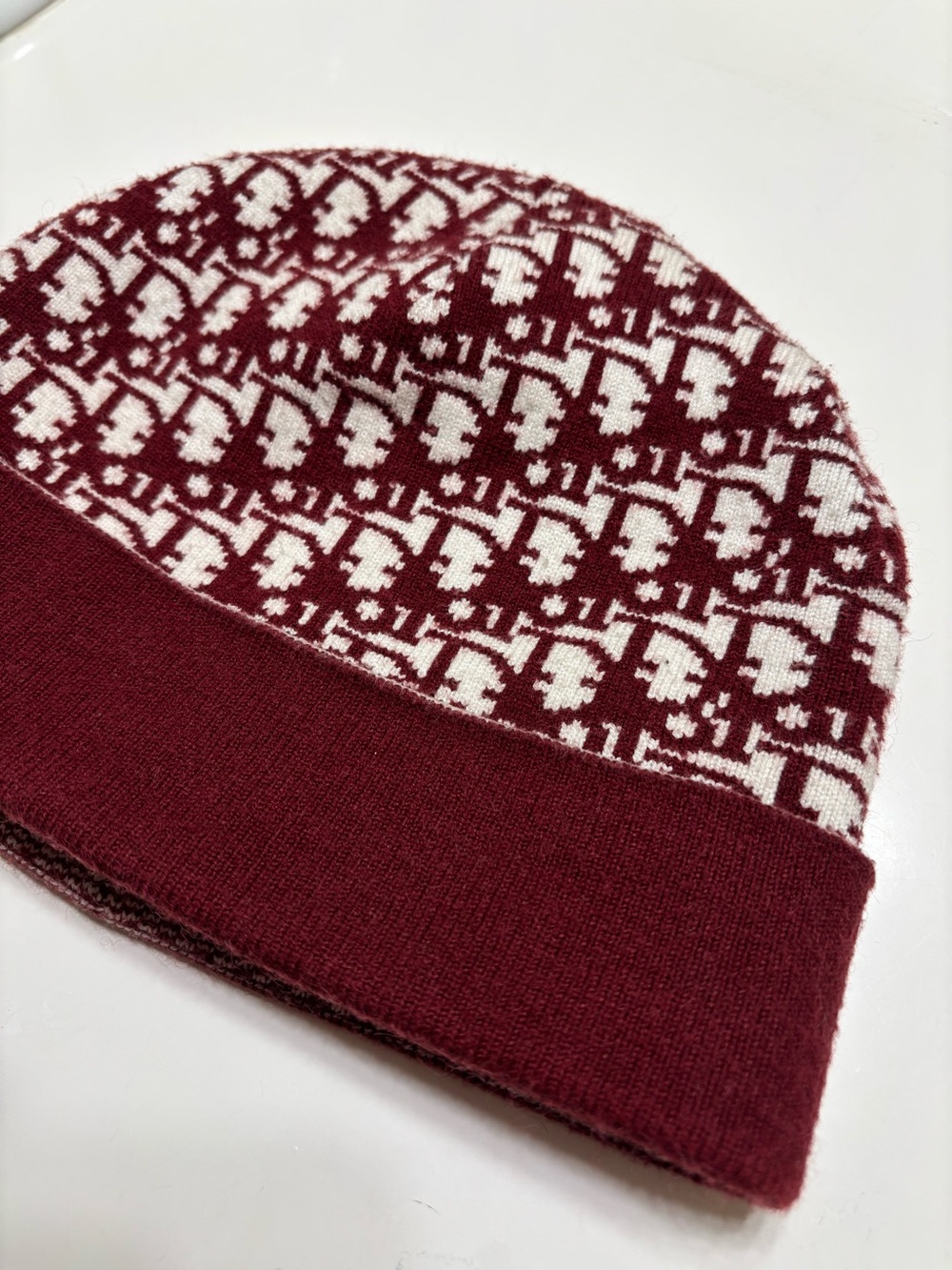 Christian Dior Reversible Knit Beanie in Deep Maroon and Cream
